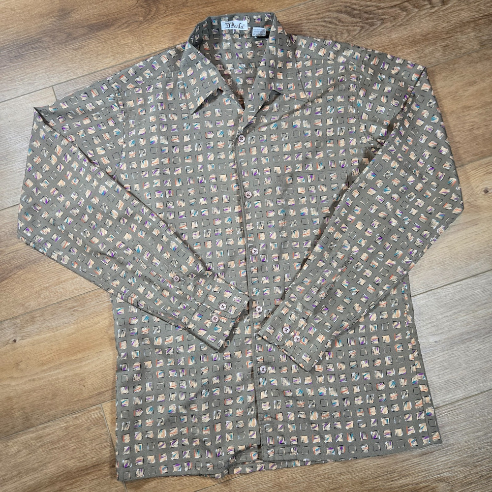 Vintage DAvila Shirt Mens M Geometric Disco Camp Collar 70s Retro Square B